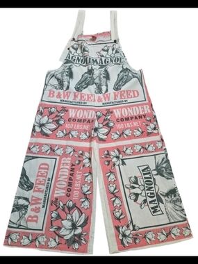 RARE!  Magnolia Vintage Flour Sack Horse Pink & Cream  Wide-Leg Overalls